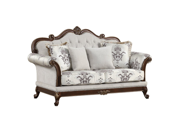 English Elm Gloria Royal Traditional 5PC Living Room Set in Ivory with Button Tufting, Floral Upholstery & Cherry Tables B009S01333