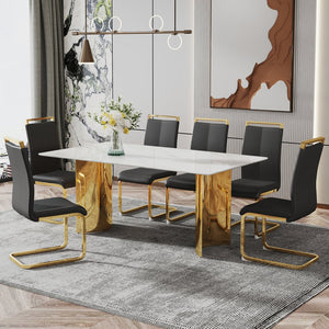 English Elm Modern Minimalist Dining Table With White Imitation Marble Top & Gold Metal Legs - 71" X 39" W1151S04320