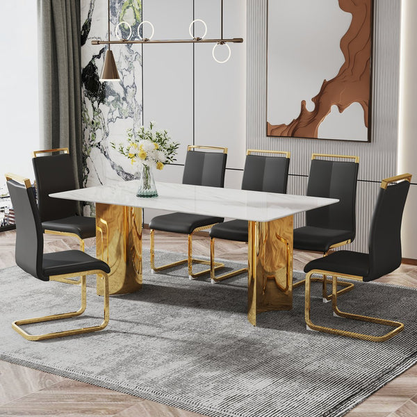 English Elm Modern Minimalist Dining Table With White Imitation Marble Top & Gold Metal Legs - 71" X 39" W1151S04320