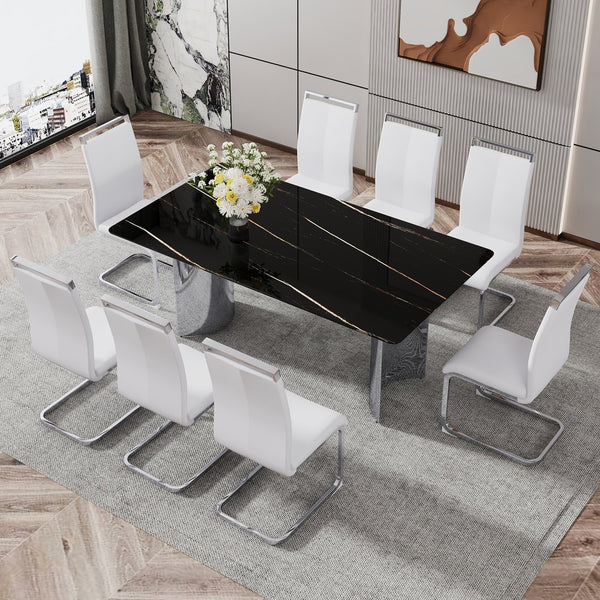 English Elm Modern Minimalist Dining Table - Sleek Black Faux-Marble Glass Top With Polished Silver Metal Legs, 71" W1151S00581