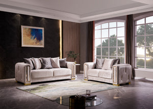 English Elm IMPREZA Opulent 3PC Velvet Living Room Set with Gold Birch Frame, Glamorous Metallic Accents and Comfort Beige B009S01947