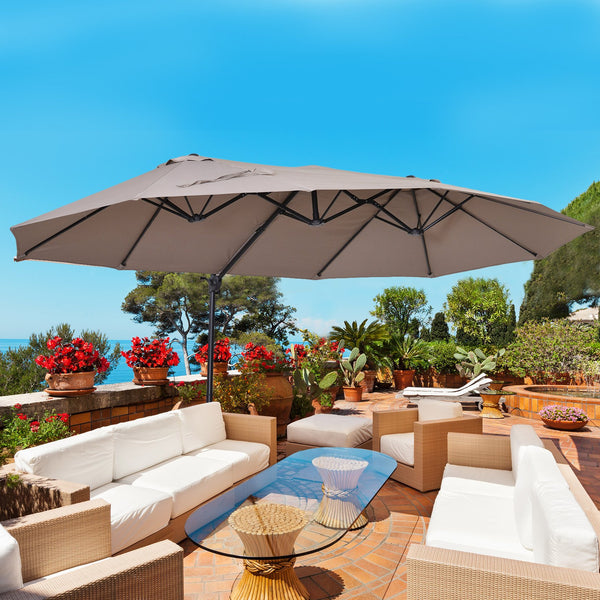English Elm 14ft Patio Umbrella Extra Large Double-Sided Market Canopy with Crank, UV Protection & Sturdy Base Brown W2225141415