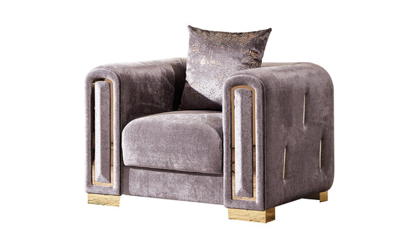 English Elm IMPREZA Regal Velvet Chair with Gold Birch Frame, Luxurious Upholstery and Ornate Gold Accent Trim Silver G150109214