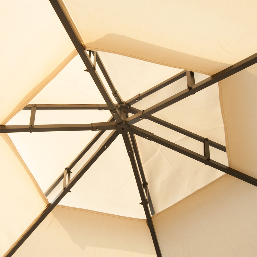 English Elm 13' x 13' Patio Gazebo Hexagon Double-Tier Outdoor Canopy with Mesh Netting & Privacy Curtains, Sturdy Steel Frame for Garden, Lawn, Backyard, Deck, Weather-Resistant Protection Beige W2225S00007