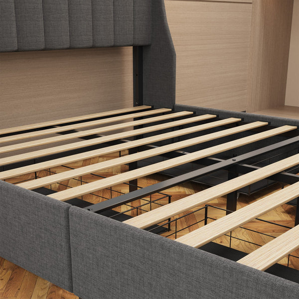 English Elm Full Upholstered Full Bed with RGB LED Headboard, 4 Sliding Storage Drawers, Wings Design DARK GREY W1960S00002