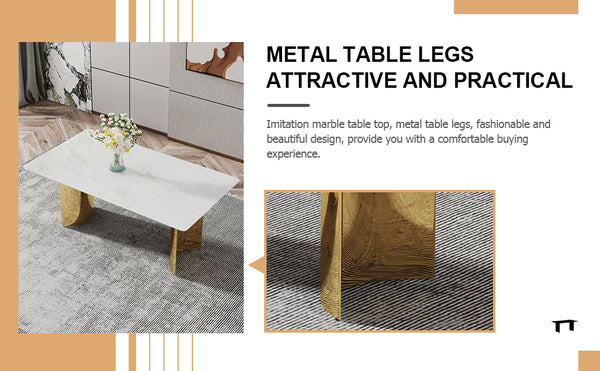 English Elm Modern Minimalist Dining Table With White Imitation Marble Top & Gold Metal Legs - 71" X 39" W1151S04320
