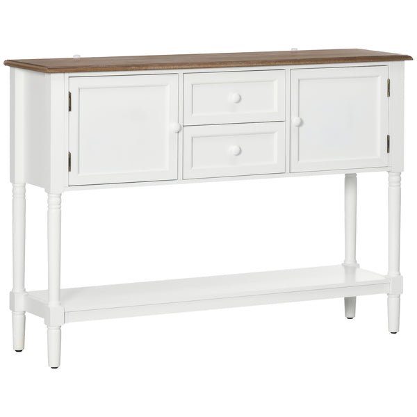 English Elm Console Vintage Entryway Console Table with 2 Drawers, Cabinets & Bottom Shelf, Distressed White Accent W2225141243