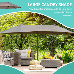 English Elm 14ft Patio Umbrella Extra Large Double-Sided Market Canopy with Crank, UV Protection & Sturdy Base Brown W2225141415