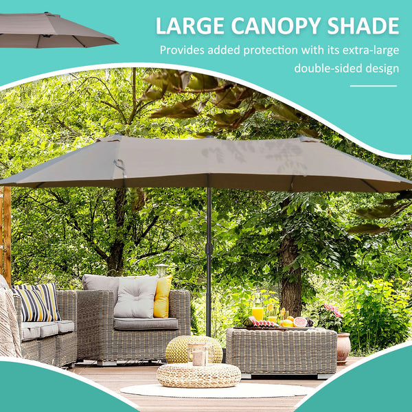 English Elm 14ft Patio Umbrella Extra Large Double-Sided Market Canopy with Crank, UV Protection & Sturdy Base Brown W2225141415
