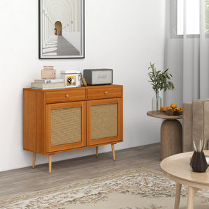 English Elm Storage Boho Cabinet with Rattan Doors, 2 Drawers & Adjustable Shelf, Pine Legs Accent Sideboard W2225141478