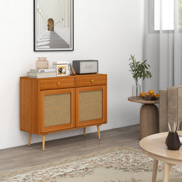 English Elm Storage Boho Cabinet with Rattan Doors, 2 Drawers & Adjustable Shelf, Pine Legs Accent Sideboard W2225141478