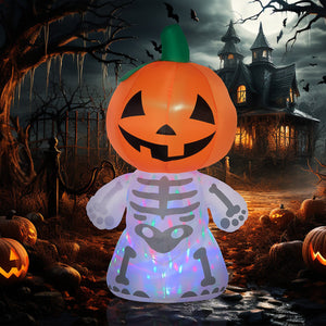 English Elm 6ft Smiling Pumpkin Skeleton Inflatable with LED Rotating Lights, Waterproof Yard Decor for Halloween W2225141485