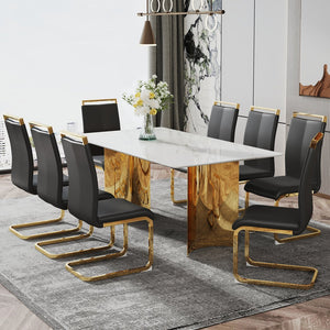 English Elm Modern Minimalist Dining Table With White Imitation Marble Top & Gold Metal Legs - 71" X 39" W1151S04320