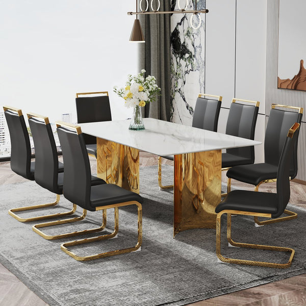 English Elm Modern Minimalist Dining Table With White Imitation Marble Top & Gold Metal Legs - 71" X 39" W1151S04320