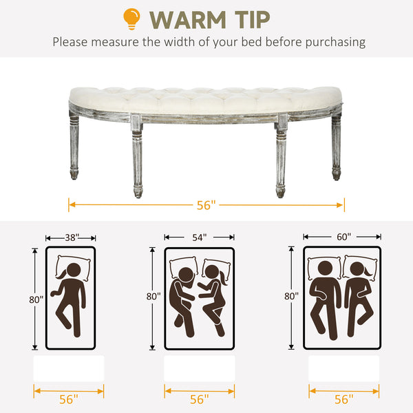 English Elm Semi-Circle Velvet Tufted End-of-Bed Bench, Vintage French Design, Off-White Upholstered Seat W2225141461