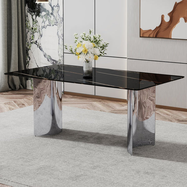 English Elm Modern Minimalist Dining Table - Sleek Black Faux-Marble Glass Top With Polished Silver Metal Legs, 71" W1151S00581