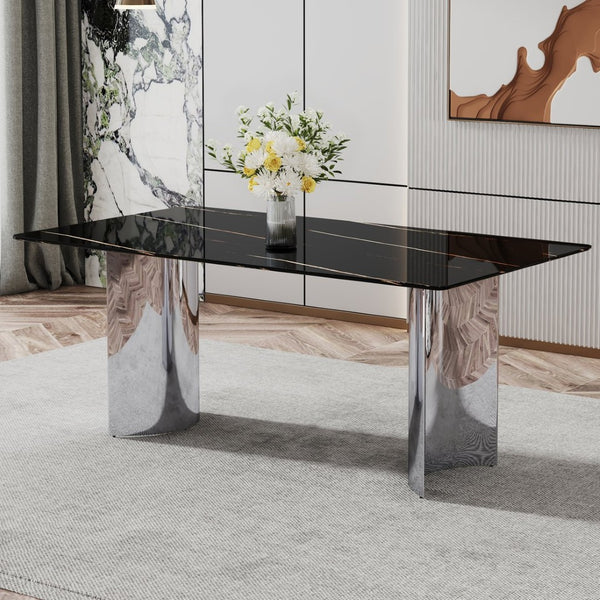 English Elm Modern Faux Marble Glass Top Dining Table with Polished Silver Legs for Elegant Spaces W1151S03375