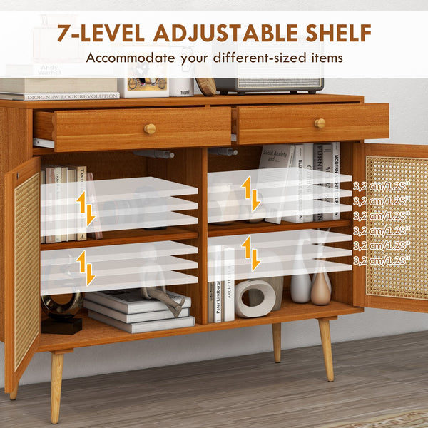 English Elm Storage Boho Cabinet with Rattan Doors, 2 Drawers & Adjustable Shelf, Pine Legs Accent Sideboard W2225141478