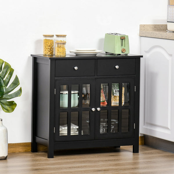 English Elm Sideboard Elegant Black Buffet Cabinet with Glass Doors, Adjustable Shelf, 2 Drawers & Anti-Tip Safety W2225141471