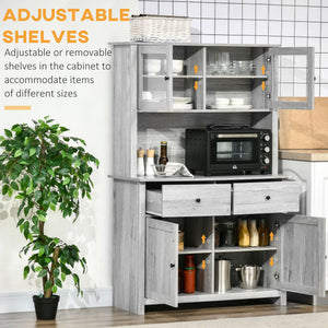 English Elm 63.5" Kitchen Buffet Hutch with Pantry Storage, Adjustable Shelves, Drawers, Glass Doors, Ash Grey, Cable Management W2225141470