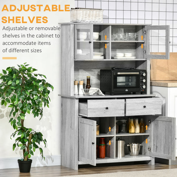 English Elm 63.5" Kitchen Buffet Hutch with Pantry Storage, Adjustable Shelves, Drawers, Glass Doors, Ash Grey, Cable Management W2225141470