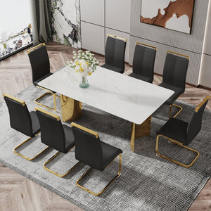 English Elm Modern Minimalist Dining Table With White Imitation Marble Top & Gold Metal Legs - 71" X 39" W1151S04320