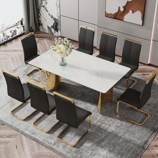 English Elm Modern Minimalist Dining Table With White Imitation Marble Top & Gold Metal Legs - 71" X 39" W1151S04320