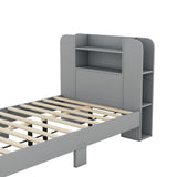 English Elm Twin Size Platform Bed With Storage Headboard,Multiple Storage Shelves On Both Sides,Grey