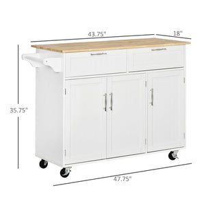 English Elm Mobile Kitchen Island Modern White Cart with Natural Wood Top, 3 Cabinets, 2 Drawers, Wheels, Rack W2225141453