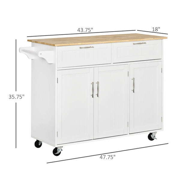 English Elm Mobile Kitchen Island Modern White Cart with Natural Wood Top, 3 Cabinets, 2 Drawers, Wheels, Rack W2225141453
