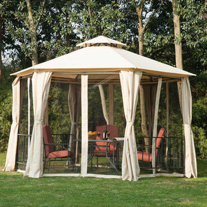 English Elm 13' x 13' Patio Gazebo Hexagon Double-Tier Outdoor Canopy with Mesh Netting & Privacy Curtains, Sturdy Steel Frame for Garden, Lawn, Backyard, Deck, Weather-Resistant Protection Beige W2225S00007
