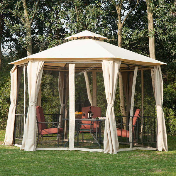 English Elm 13' x 13' Patio Gazebo Hexagon Double-Tier Outdoor Canopy with Mesh Netting & Privacy Curtains, Sturdy Steel Frame for Garden, Lawn, Backyard, Deck, Weather-Resistant Protection Beige W2225S00007