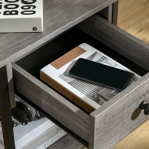 English Elm Industrial End Table with Drawer & Open Shelf, Grey Wood Grain Top, Black Metal Frame, 66lb Capacity, Compact Accent Table for Living Room or Bedroom (15.75"x15.75"x21.75") W2225141480
