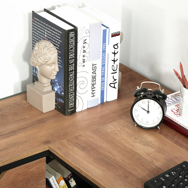 English Elm L-Shaped Industrial Home Office Desk with Storage Shelves, 2 Drawers, Steel Frame, Brown Wood Grain W2225141475