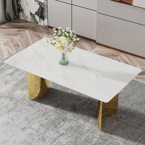 English Elm Modern Minimalist Dining Table With White Imitation Marble Top & Gold Metal Legs - 71" X 39" W1151S04320