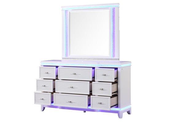 English Elm OPIUM King 4-Pc Bedroom Set in Milky White with LED Headboard, Dresser, Mirror & Nightstand Elegance B009S02127