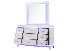 English Elm OPIUM 5 Pc King Bedroom Set in Milky White with LED Headboard, Mirror & Modern Storage, Luxe Finish B009S02129
