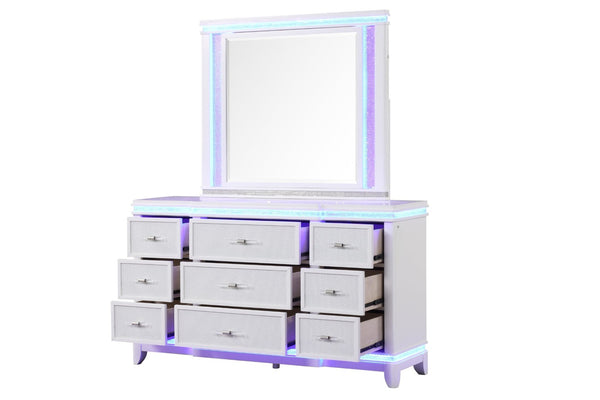 English Elm Opium Queen 4-Piece Bedroom Set: Glamorous Led-Accented Milky White Design For Luxe Comfort B009S01217-GIGA