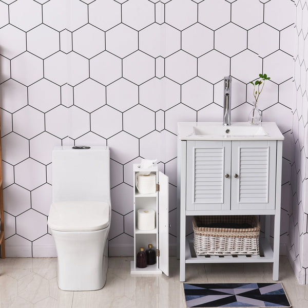 English Elm Toilet Modern Country Corner Toilet Paper Cabinet with Door & Shelves, Slim White Storage Tower, Hidden Screws, Magnetic Lock, Space-Saving Design W2225141213