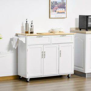 English Elm Mobile Kitchen Island Modern White Cart with Natural Wood Top, 3 Cabinets, 2 Drawers, Wheels, Rack W2225141453