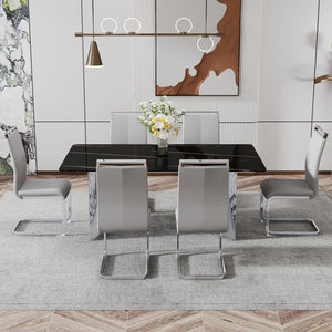 English Elm Modern Minimalist Dining Table - Sleek Black Faux-Marble Glass Top With Polished Silver Metal Legs, 71" W1151S00581