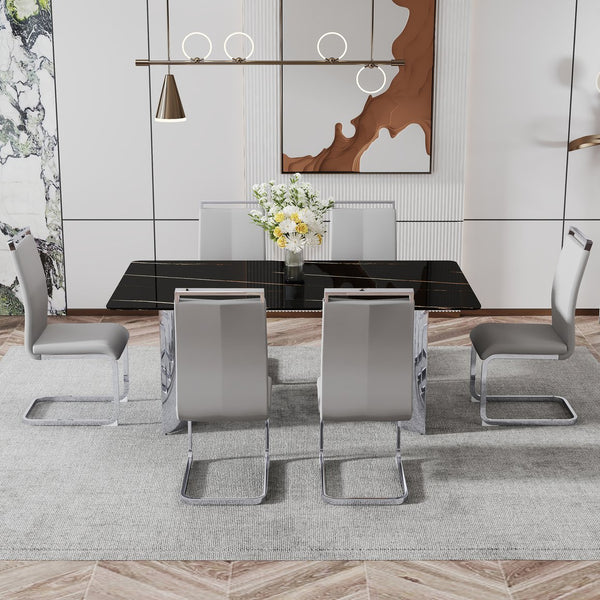 English Elm Modern Minimalist Dining Table - Sleek Black Faux-Marble Glass Top With Polished Silver Metal Legs, 71" W1151S00581