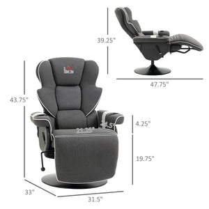 English Elm Manual Linen Recliner Swivel Chair with Footrest, 150° Recline, 360° Rotation, Dual Cup Holders, Black W2225141479