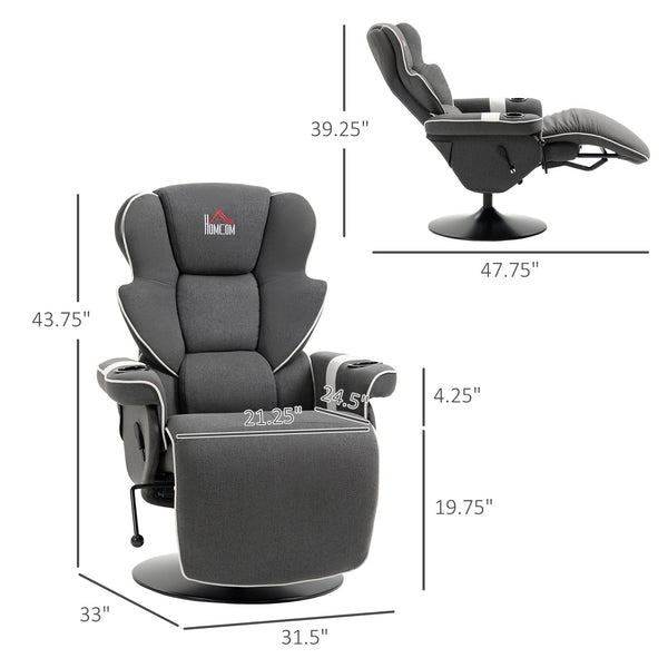 English Elm Manual Linen Recliner Swivel Chair with Footrest, 150° Recline, 360° Rotation, Dual Cup Holders, Black W2225141479