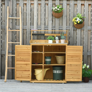 English Elm Garden Wooden Potting Bench Table with 3-Tier Shelves, Hooks, Magnetic Doors & Weatherproof Finish W2225141371