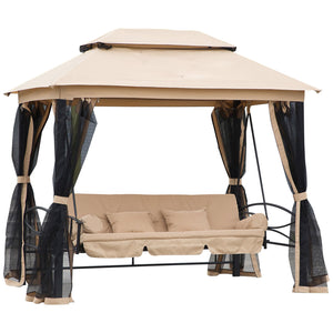 English Elm 3-Seat 3-in-1 Patio Swing Bed with Double-Tier Canopy, Mesh Netting, Cushions & 660lb Steel Frame W2225S00004