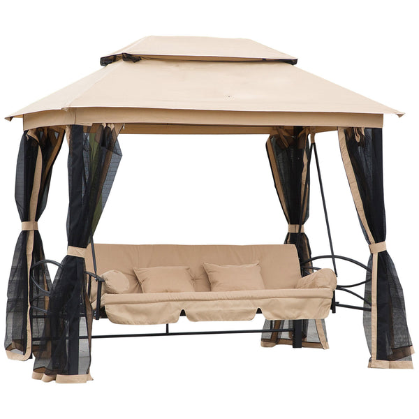 English Elm 3-Seat 3-in-1 Patio Swing Bed with Double-Tier Canopy, Mesh Netting, Cushions & 660lb Steel Frame W2225S00004