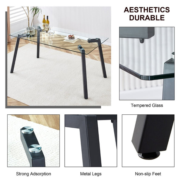 English Elm Modern Tempered Glass Rectangular Dining Table with Matte Black Legs Seats Six W1151S00607