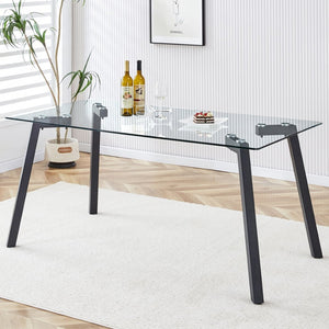 English Elm Modern Tempered Glass Rectangular Dining Table with Matte Black Legs Seats Six W1151S00607