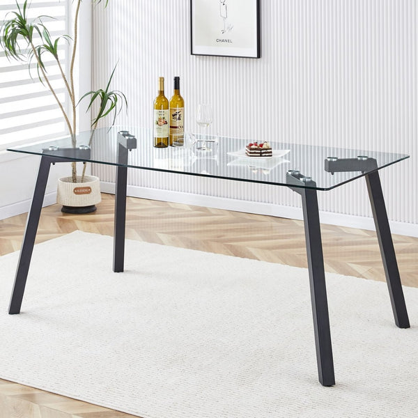 English Elm Modern Tempered Glass Rectangular Dining Table with Matte Black Legs Seats Six W1151S00607
